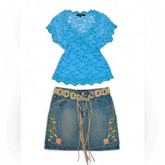 Revolt Jeans Dresses & Skirts - Revolt Jeans Blue Embroidered Denim Mini Skirt with Fringe Belt